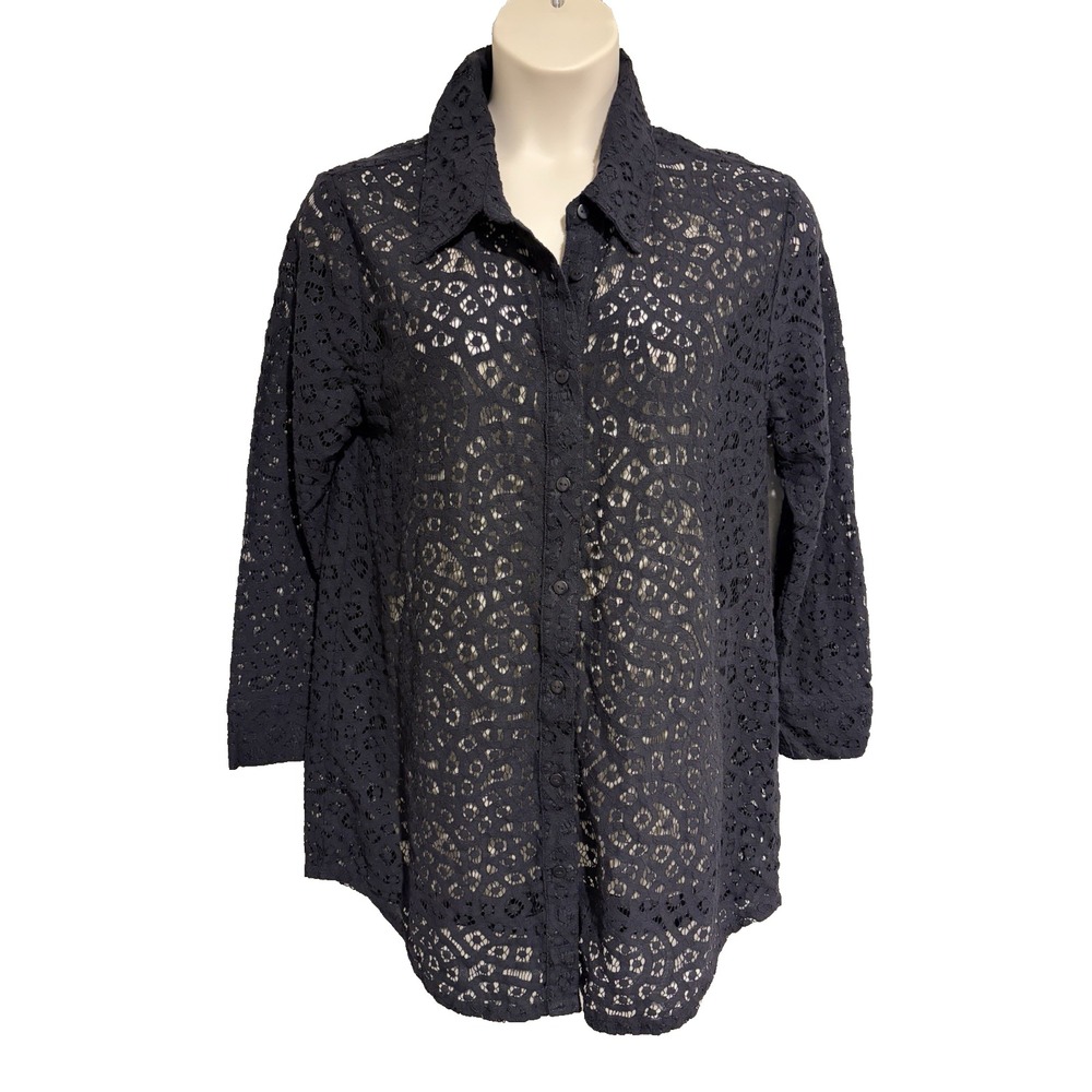 Venus Black Eyelet Lace Button Up Blouse~Sz L~Long Sleeve Collared Whimsigoth
